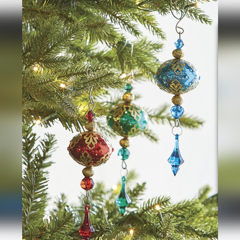 RAZ Imports 8" Hanging Metel Filigree with Drop Glass Ornaments - Set of 3 - NWT
